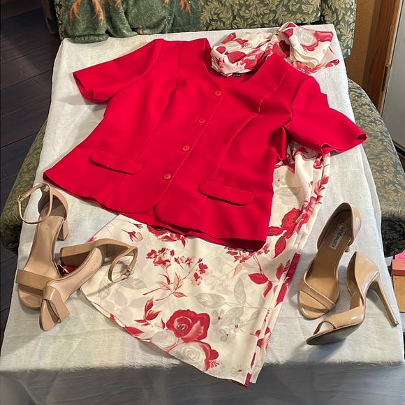 Vintage Willow Ridge 3-Piece Blazer, Floral Print Skirt & Scarf Set - Picture 1 of 7